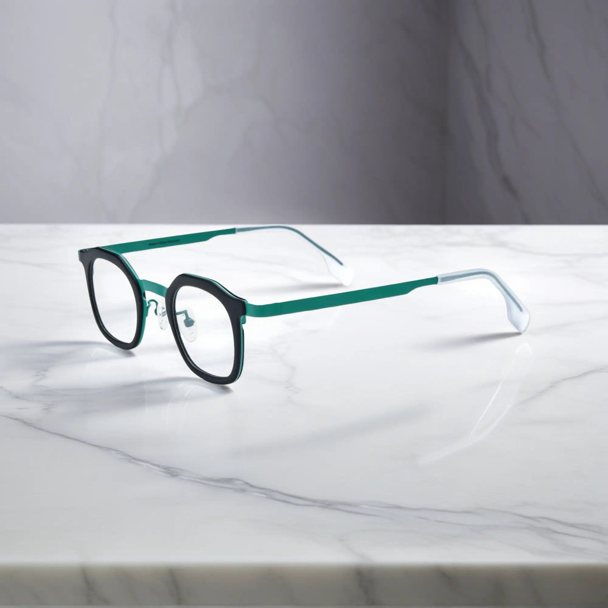 Side view of VoyueLens™ Forest Frost square eyeglasses a forest green acetate frame with frosted silver titanium temples.